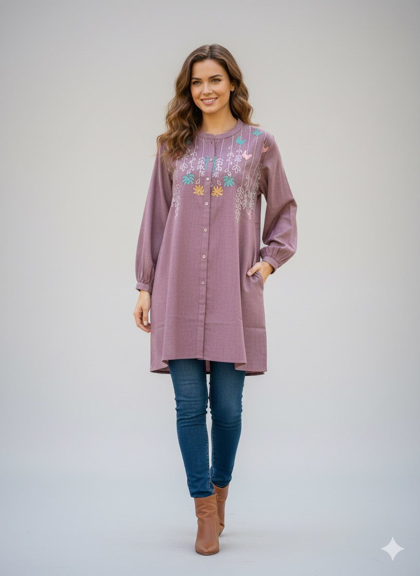 St041- Denim Floral Embroidered Top