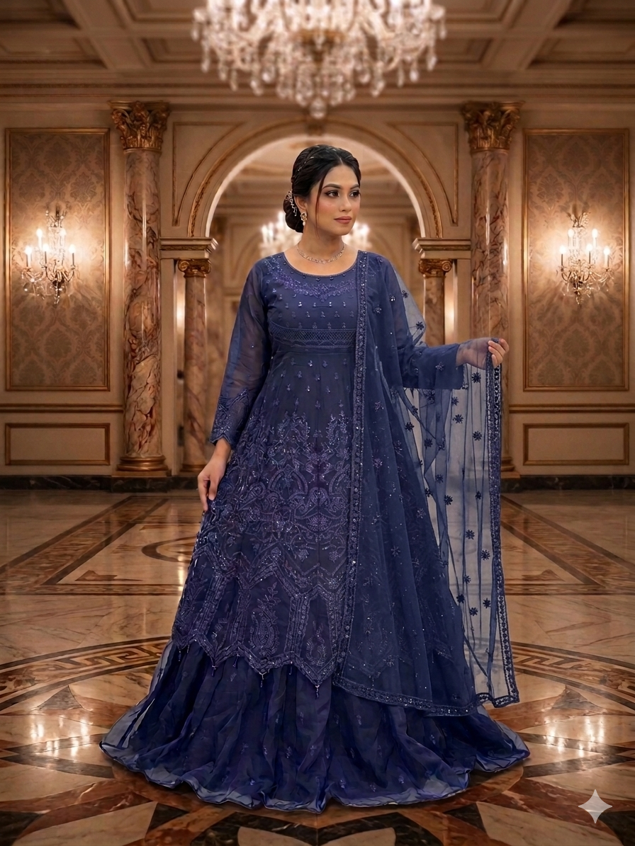 Lf061- Imported Barbie Style Embroidered Maxi With Trouser And Embroidered Dupatta