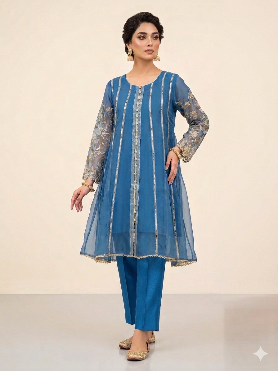 Lf084- 3pc Organza Embroidered Frock With Trouser And Embroidered Dupatta