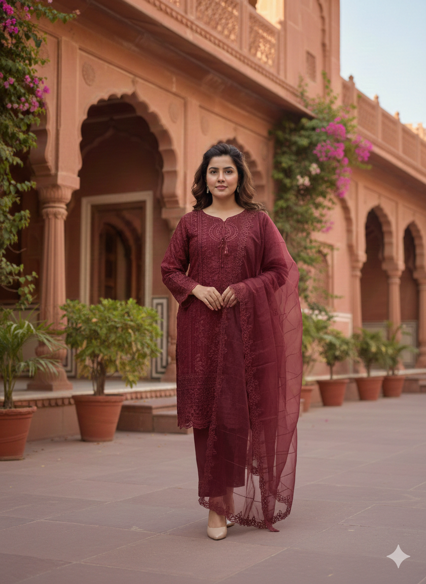 Lf003- 3pc Organza Sequence Embroidered Shirt With Trouser And Sequence Dupatta