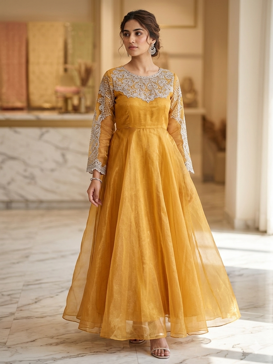 Lf067- 3pc Organza Maxi Neck Working With Trouser And Organza Working Dupatta