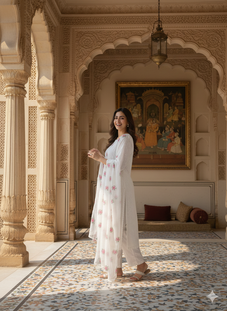 Lf001- 3pc Long Shafoon Shirt With Trouser And Shafoon Embroidered Dupatta