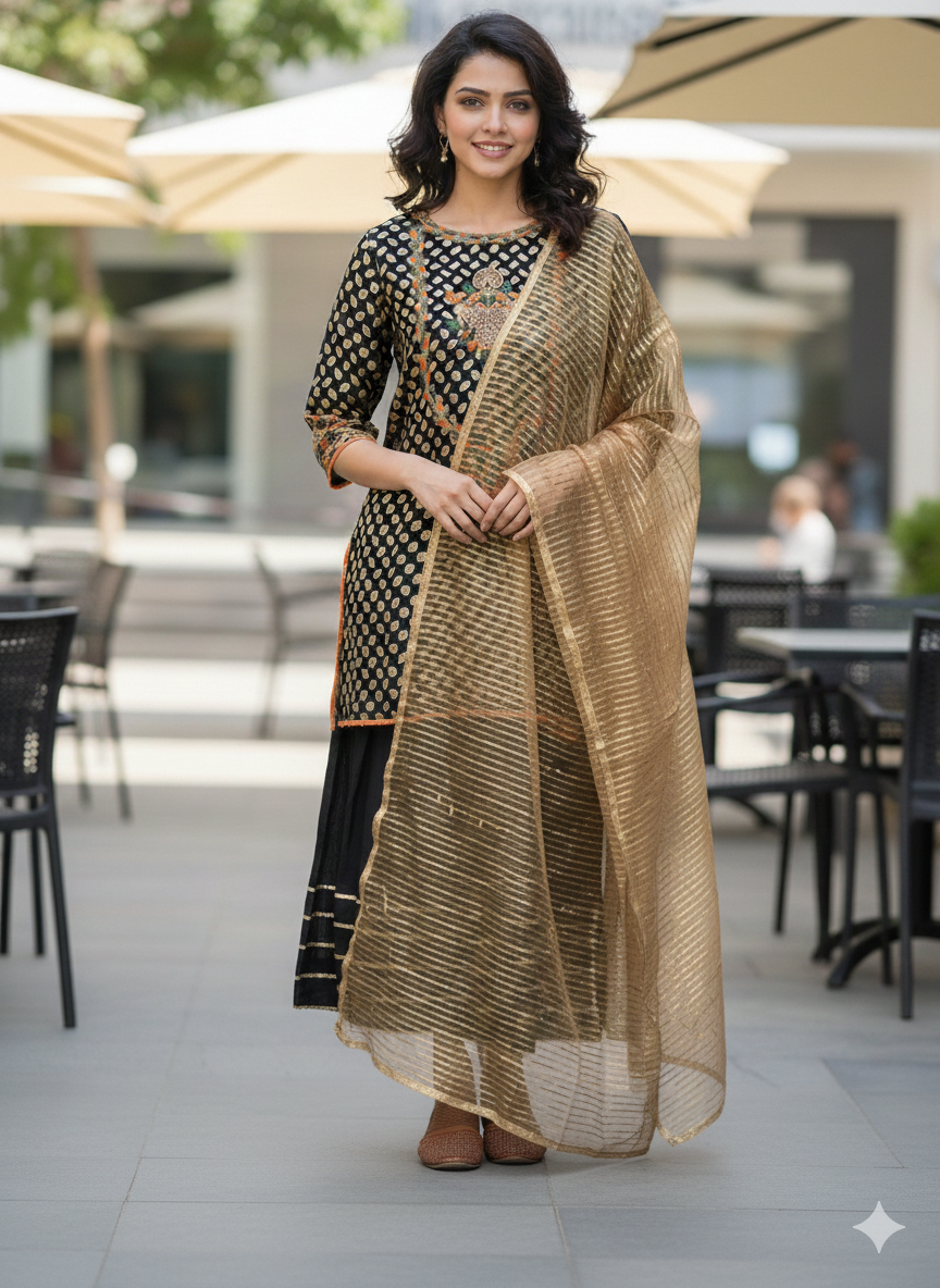 Lf017- 3pc Shafoon Working Shirt With Katan Flapper And Dupatta