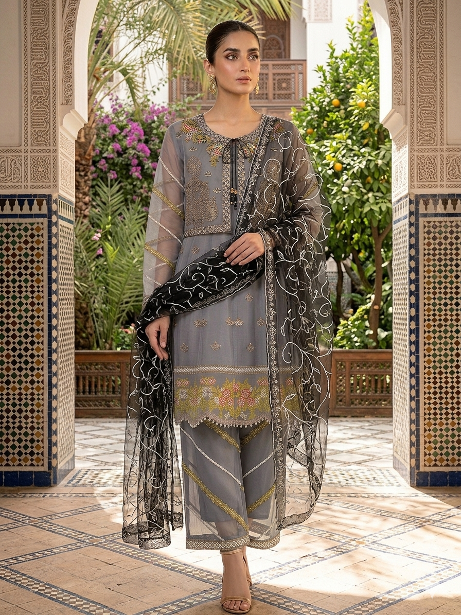 Lf074- 4pc Organza Embroidered Frock With Kurti And Trouser And Net Embroidered Dupatta