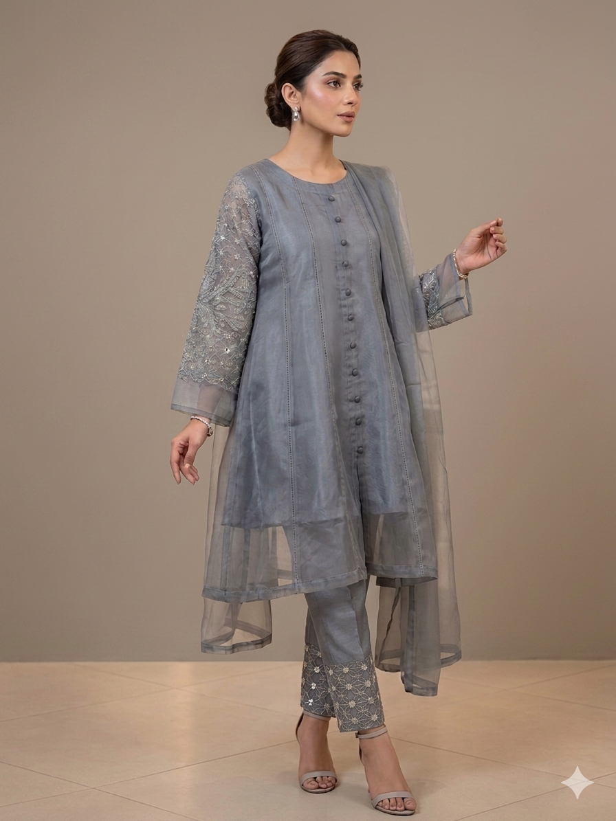 Lf083- 3pc Organza Embroidered Frock With Trouser And Organza Dupatta