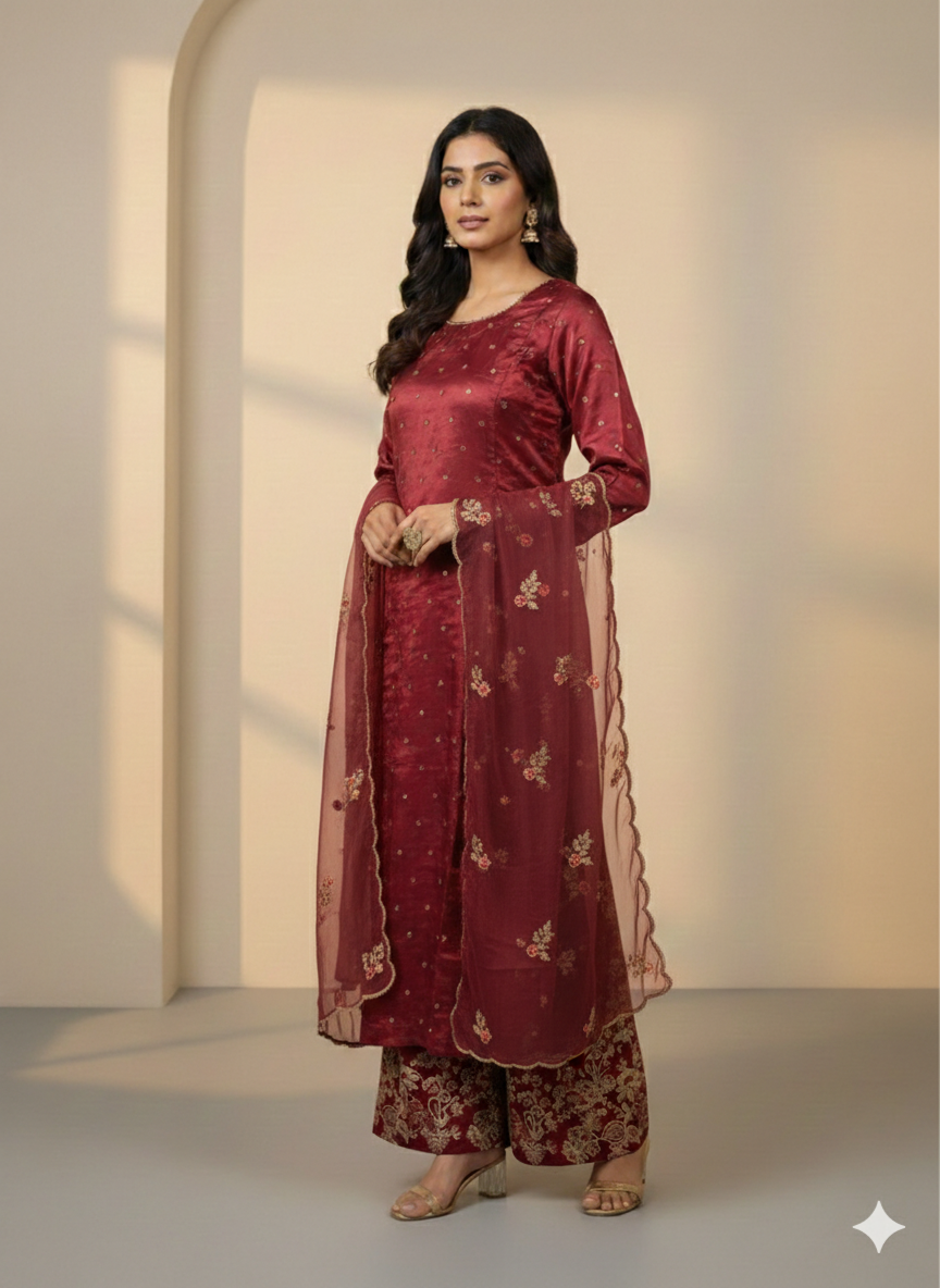 Lf016- 3pc Katan Silk Long Shirt With Straight Trouser And Organza Dupatta