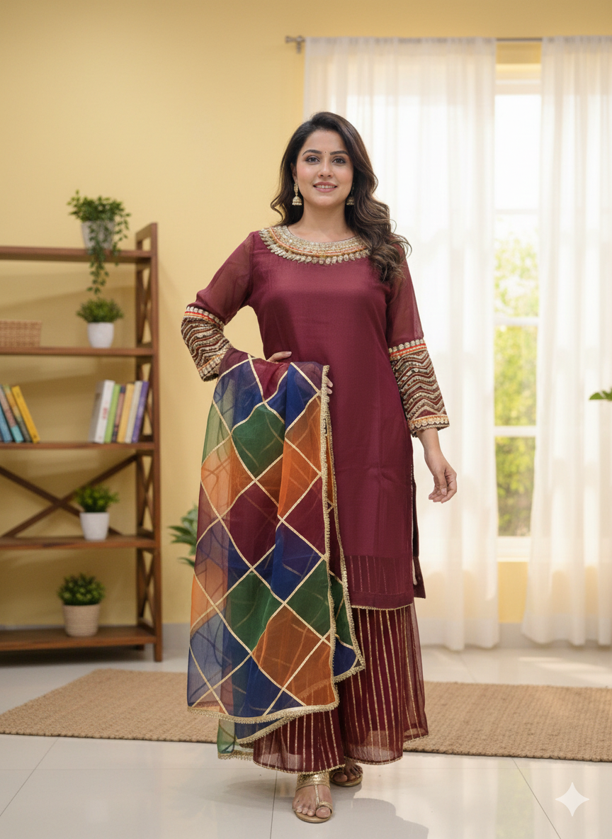 Lf008- 3pc Shafoon Short Shirt With Shafoon Flapper And Multi Dupatta