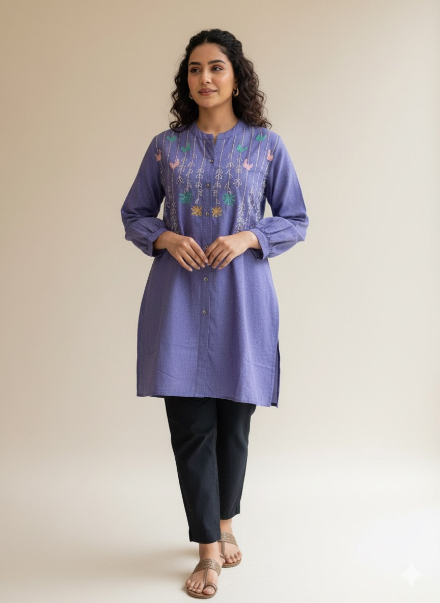 St041- Denim Floral Embroidered Top