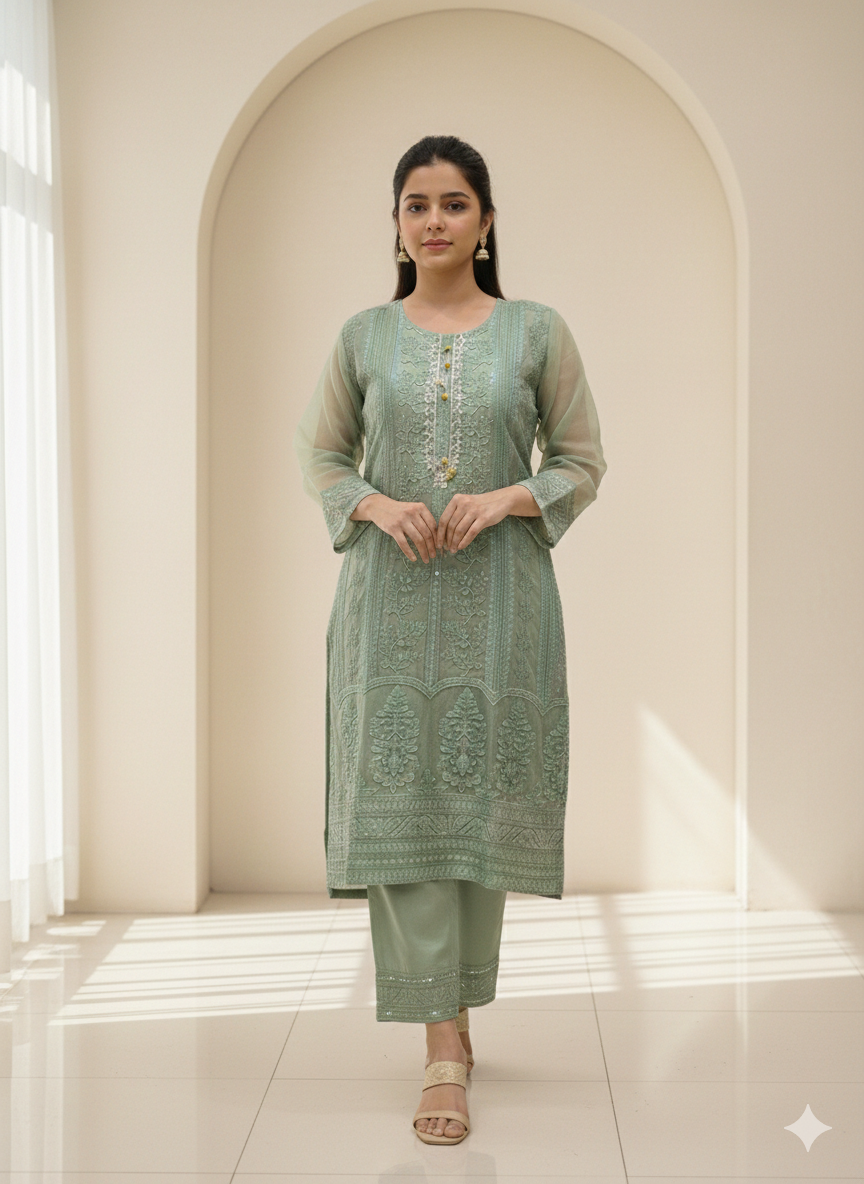 Lf022- 3pc Fancy Organza Shirt With Dupatta and Trouser