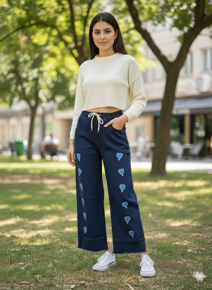 J011- Trending Heart Embroidered Baggy Jeans