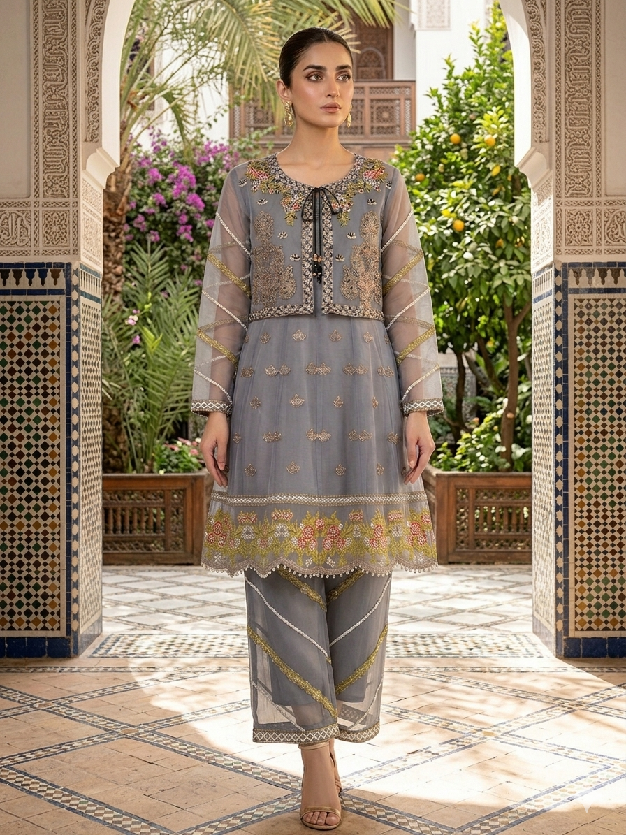 Lf074- 4pc Organza Embroidered Frock With Kurti And Trouser And Net Embroidered Dupatta