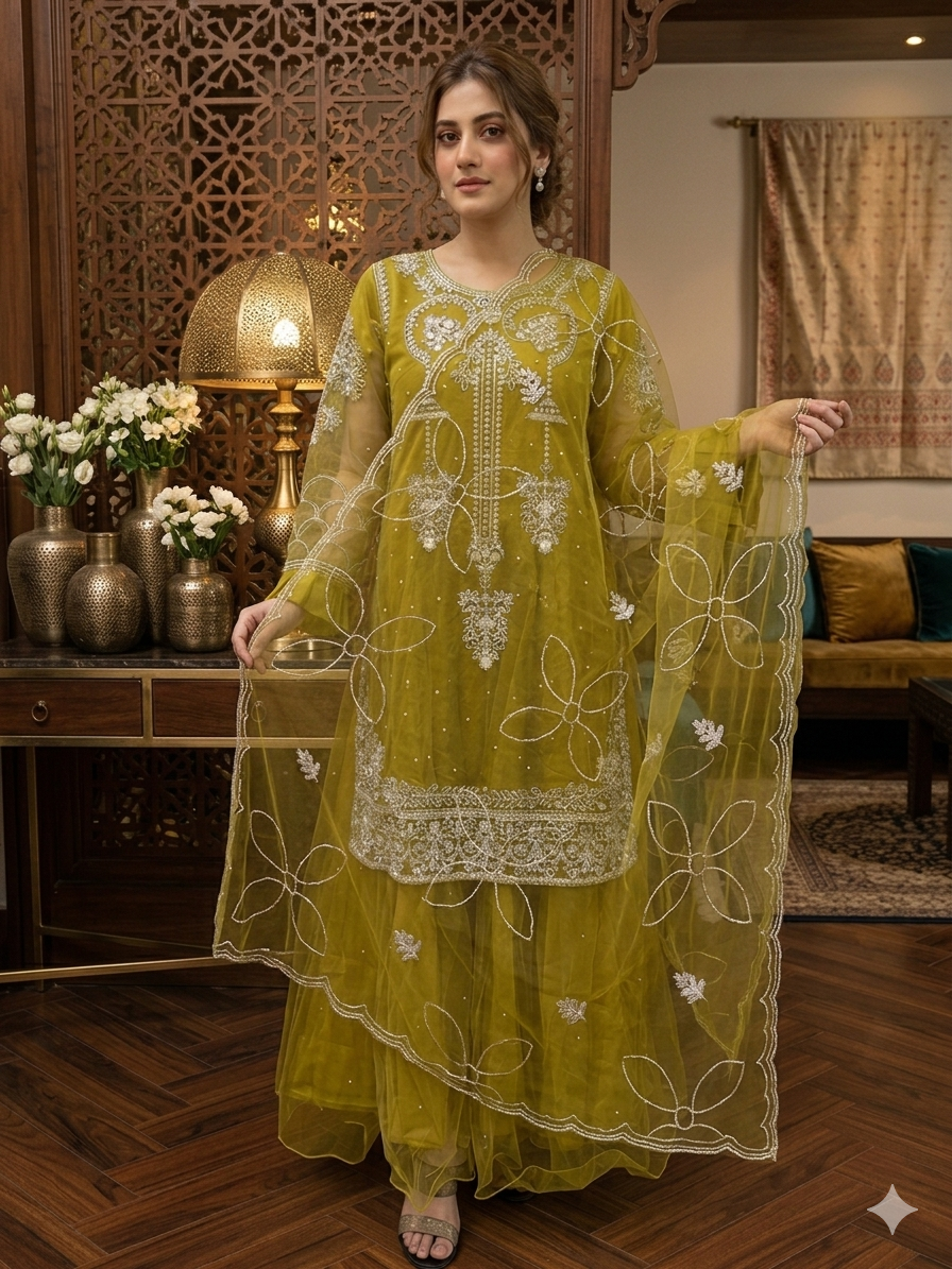 Lf057- 3pc Net Maxi With Upper Handmade Shirt And Net Dupatta