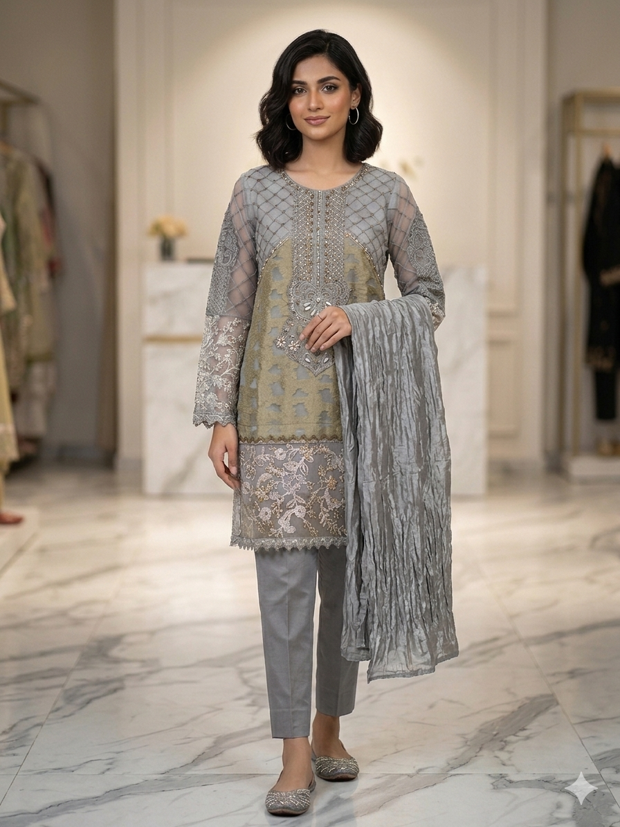 Lf039- 3pc Organza Embroidered Shirt With Trousers And Silk Dupatta