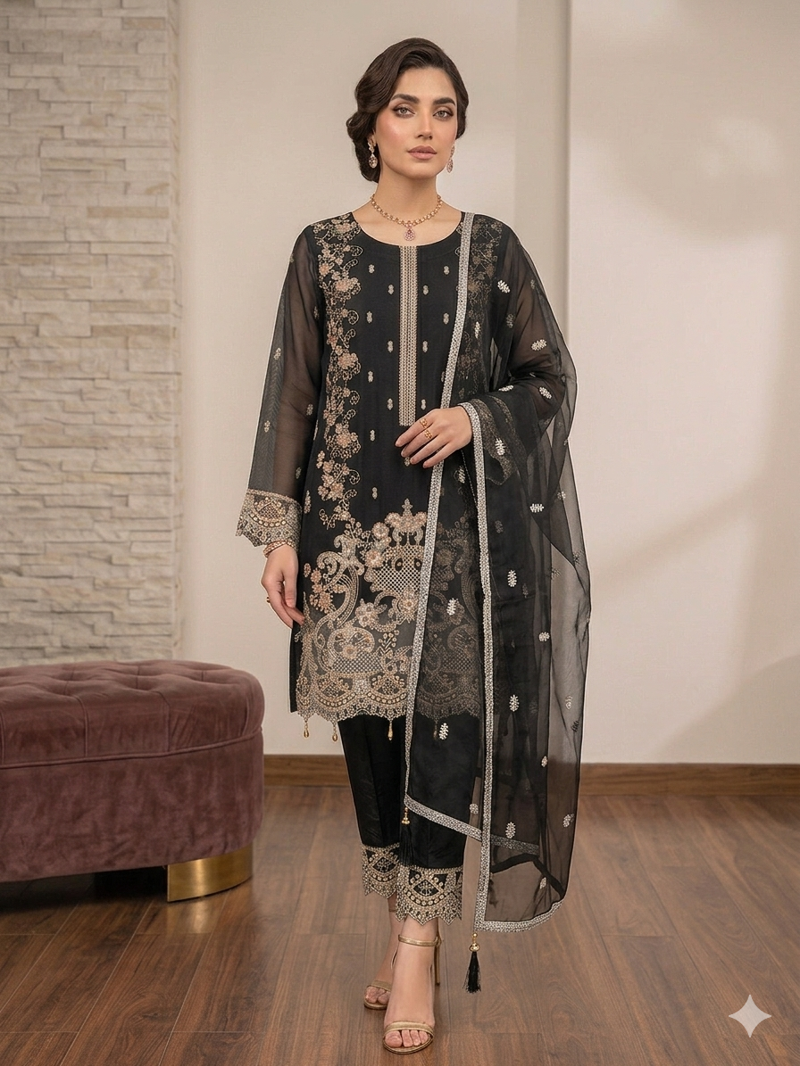 Lf040- 3pc Stitch Organza Working Shirt With Trouser And Dupatta