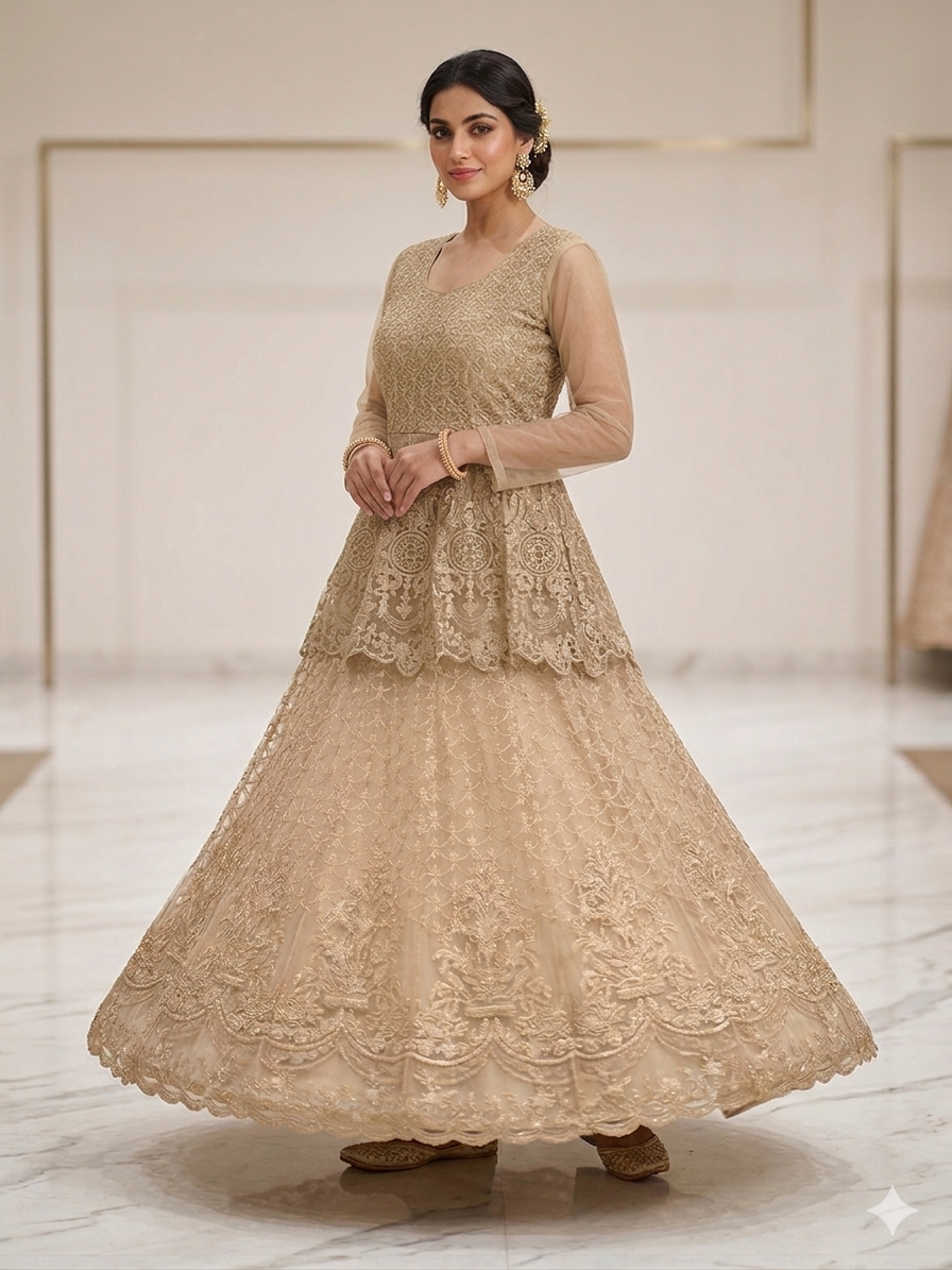 Lf056- 3pc Fancy Embroidered Kurti With Embroidered Net Skirt And Net Dupatta