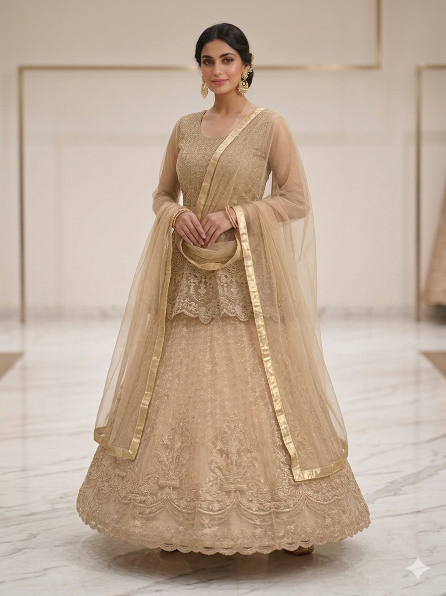 Lf056- 3pc Fancy Embroidered Kurti With Embroidered Net Skirt And Net Dupatta