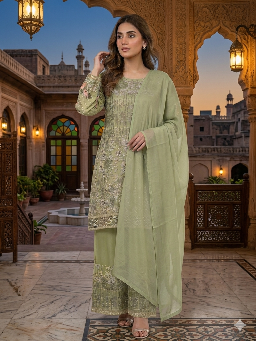 Lf073- 3pc Sequence Embroidered Organza Frock With Trouser And Shafoon Dupatta