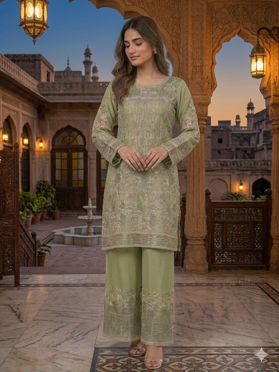 Lf073- 3pc Sequence Embroidered Organza Frock With Trouser And Shafoon Dupatta