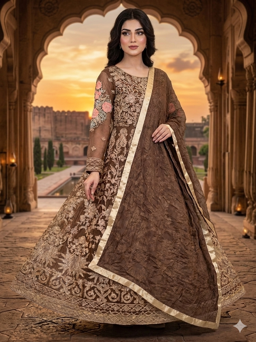 Lf075- 3pc Organza Embroidered Maxi With Trouser And Shafoon Dupatta