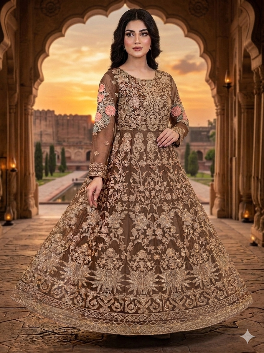 Lf075- 3pc Organza Embroidered Maxi With Trouser And Shafoon Dupatta