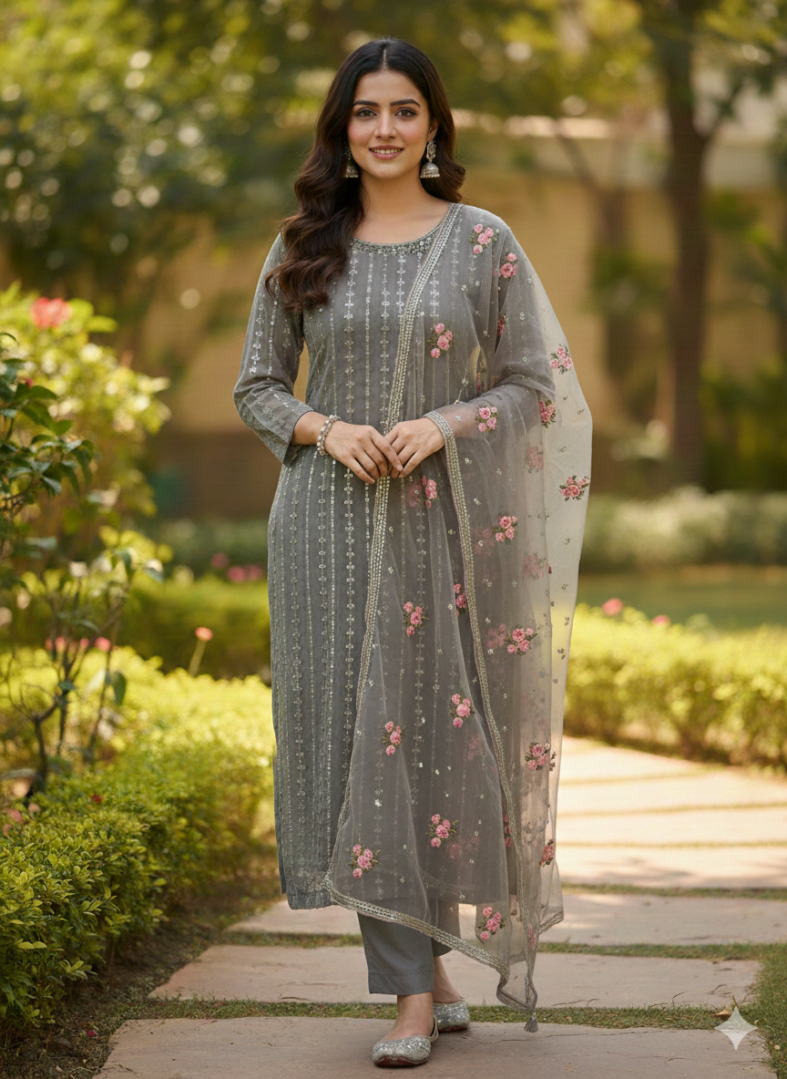 Lf001- 3pc Long Shafoon Shirt With Trouser And Shafoon Embroidered Dupatta