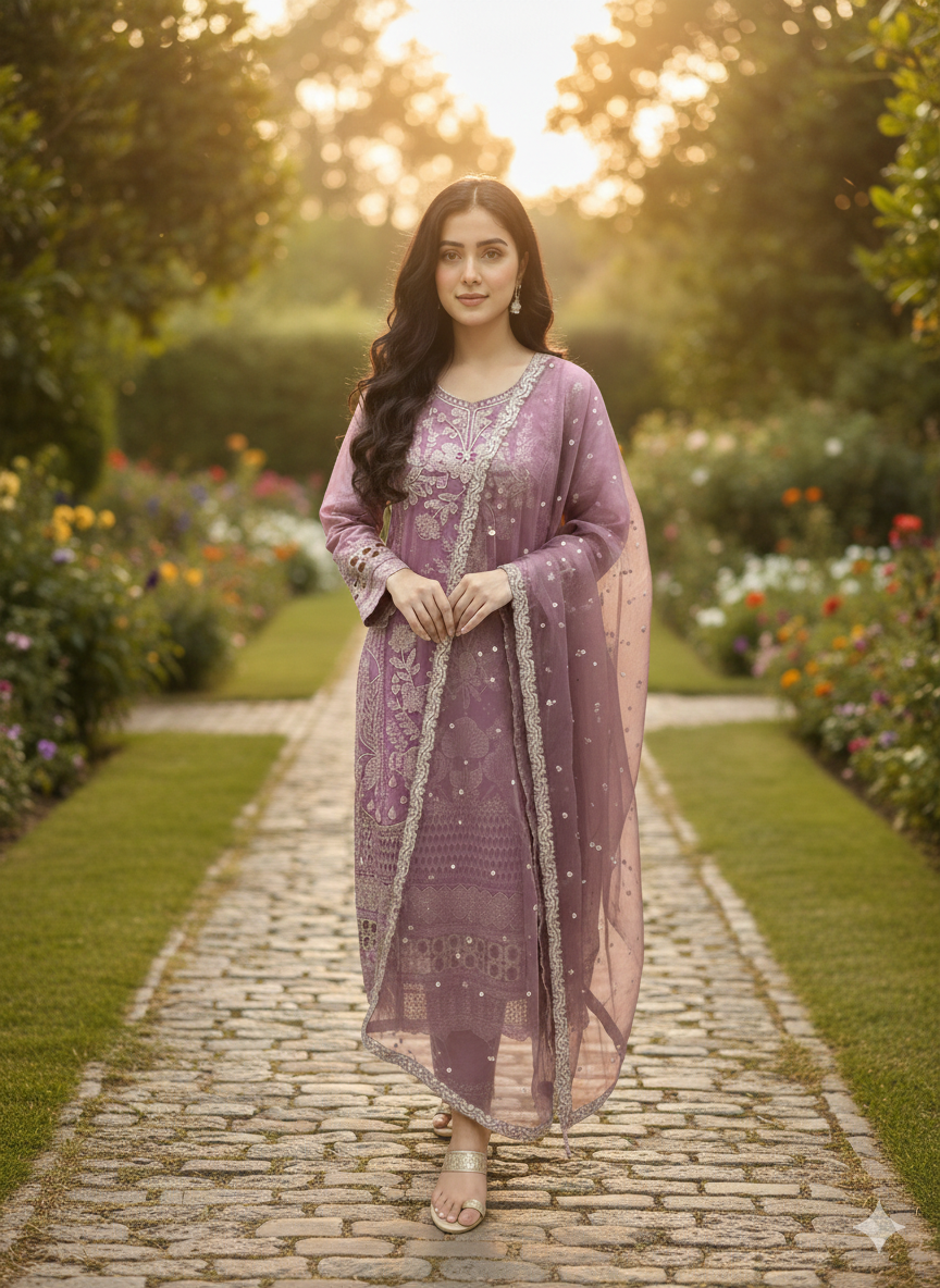 Lf018- 3pc Organza Sequence Embroideded Shirt With Trouser And Dupatta