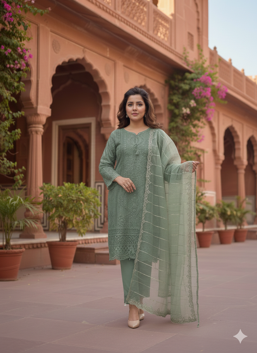 Lf003- 3pc Organza Sequence Embroidered Shirt With Trouser And Sequence Dupatta