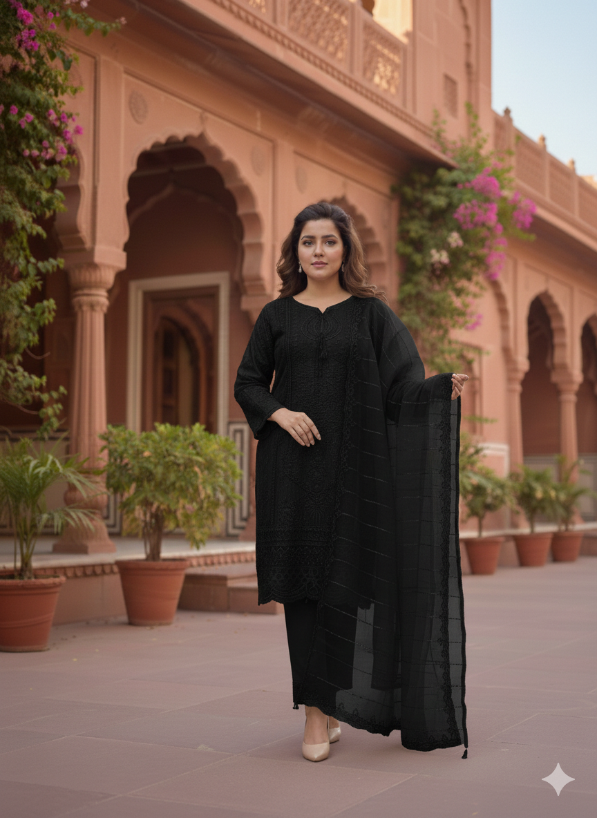 Lf003- 3pc Organza Sequence Embroidered Shirt With Trouser And Sequence Dupatta