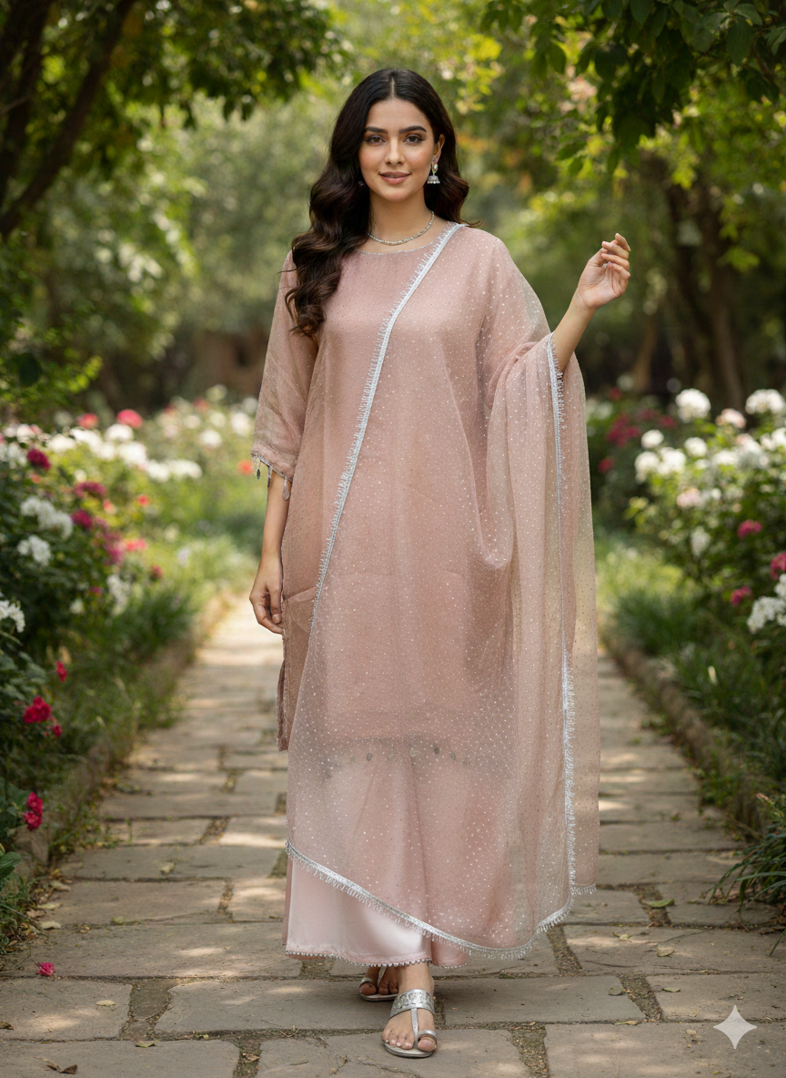 Lf006- 3pc Crystal Silk Shirt With Katan Flapper And Crystal Silk Dupatta