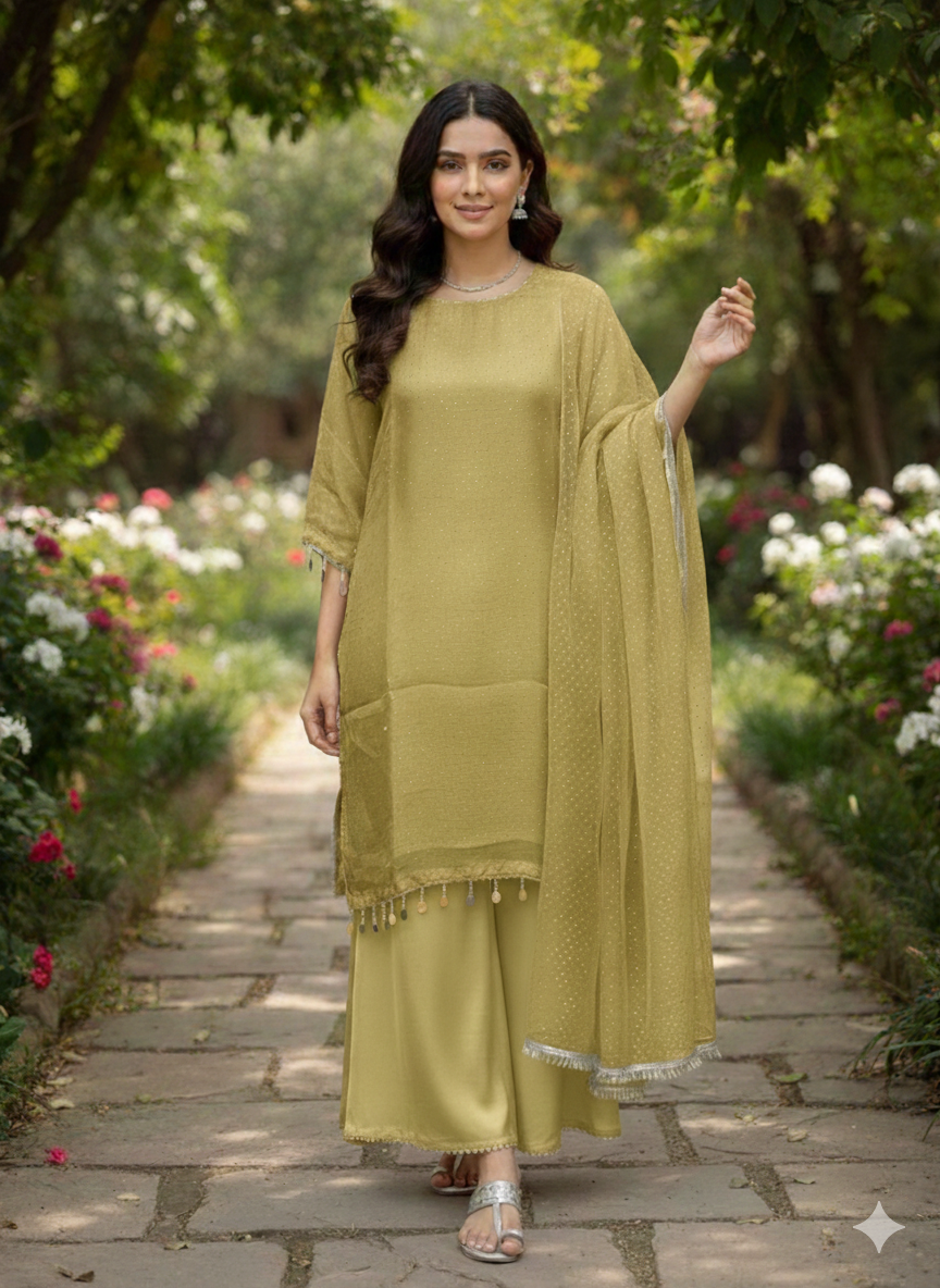 Lf006- 3pc Crystal Silk Shirt With Katan Flapper And Crystal Silk Dupatta