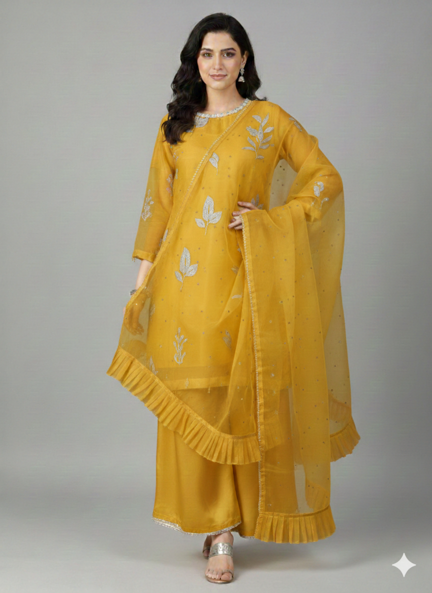Lf007- 3pc Organza Fancy Shirt With Flapper And Organza Dupatta