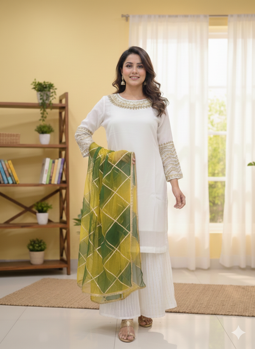 Lf008- 3pc Shafoon Short Shirt With Shafoon Flapper And Multi Dupatta