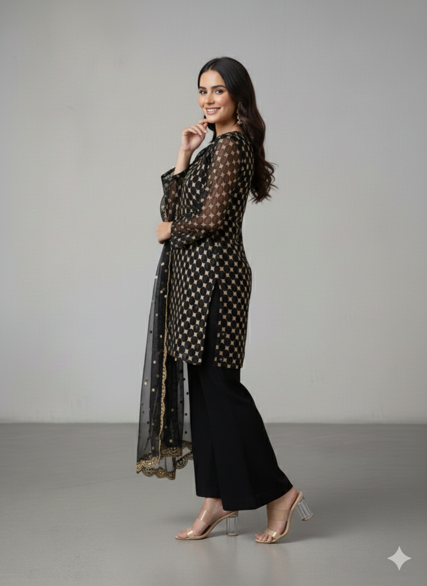 Lf009- 3pc Sequence Shirt With Sequence Dupatta And Katan Silk Trouser