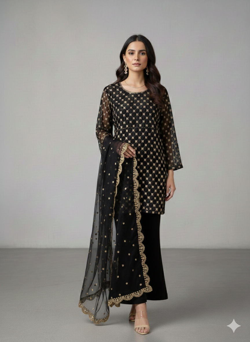 Lf009- 3pc Sequence Shirt With Sequence Dupatta And Katan Silk Trouser