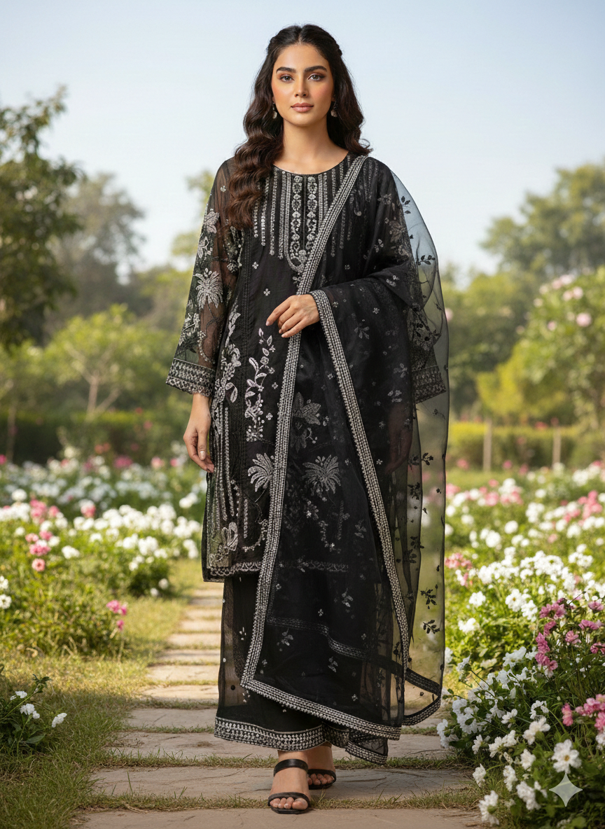 Lf010- 3pc Organza Silver Sequence Working Shirt With Dupatta And Trouser