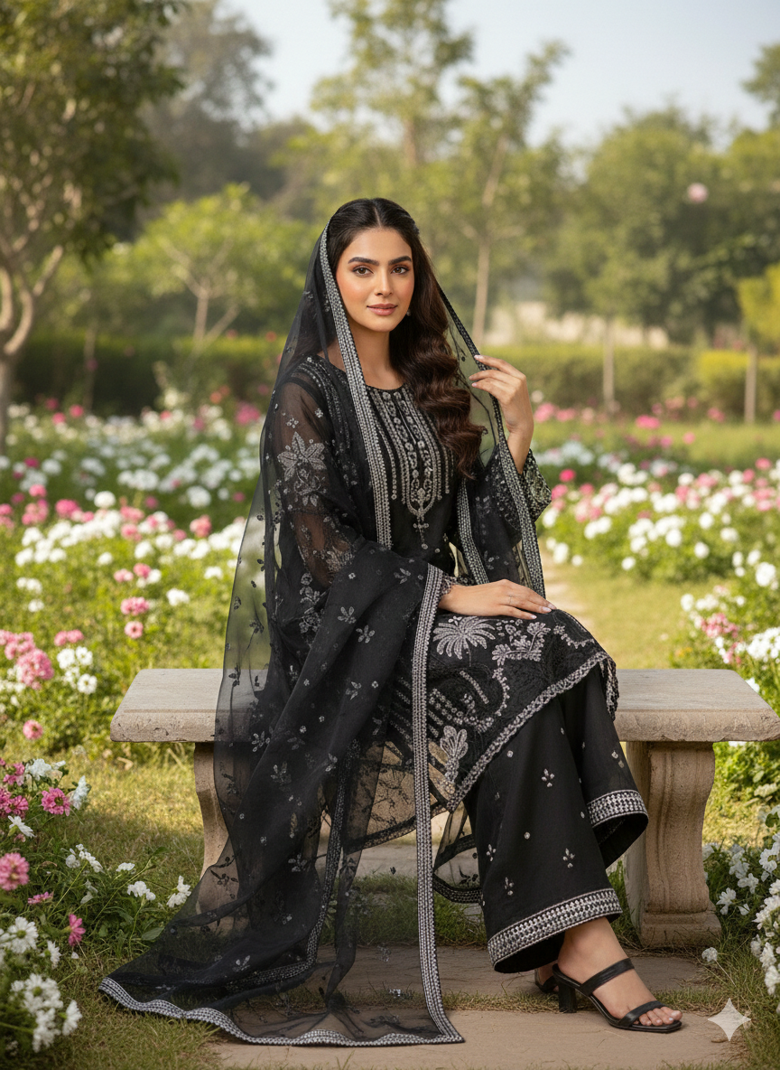 Lf010- 3pc Organza Silver Sequence Working Shirt With Dupatta And Trouser