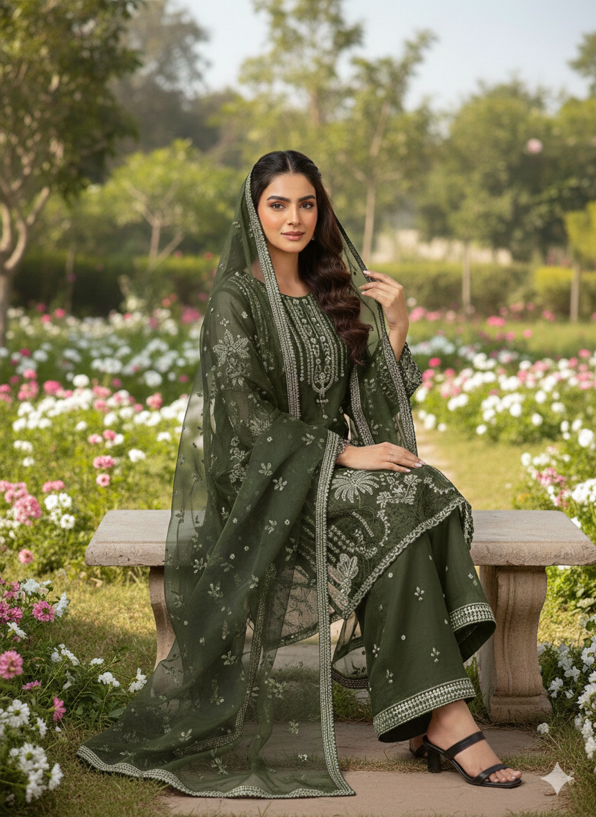 Lf010- 3pc Organza Silver Sequence Working Shirt With Dupatta And Trouser