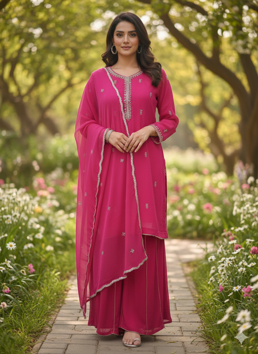 Lf011- 3pc Handmade Bamber Shafoon Shirt With Shafoon Flapper With Dupatta