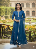 Lf012- 3pc Handmade Shafoon Long Shirt With Katan Silk Flapper And Shafoon Dupatta