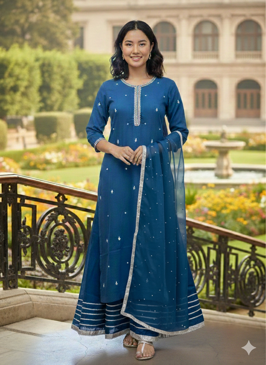 Lf012- 3pc Handmade Shafoon Long Shirt With Katan Silk Flapper And Shafoon Dupatta