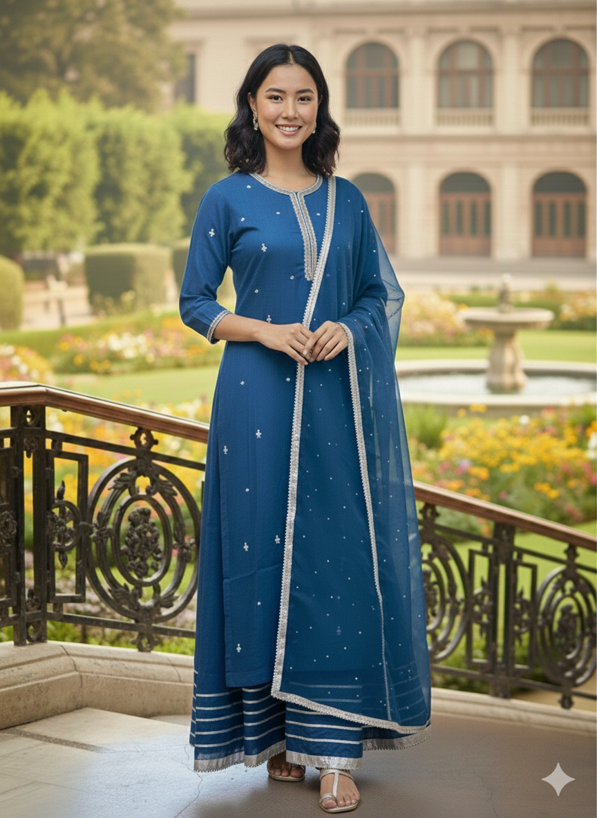 Lf012- 3pc Handmade Shafoon Long Shirt With Katan Silk Flapper And Shafoon Dupatta