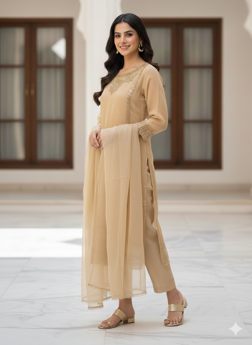 Lf013- 3pc Shafoon Handmade Long Shirt With Trouser And Dupatta