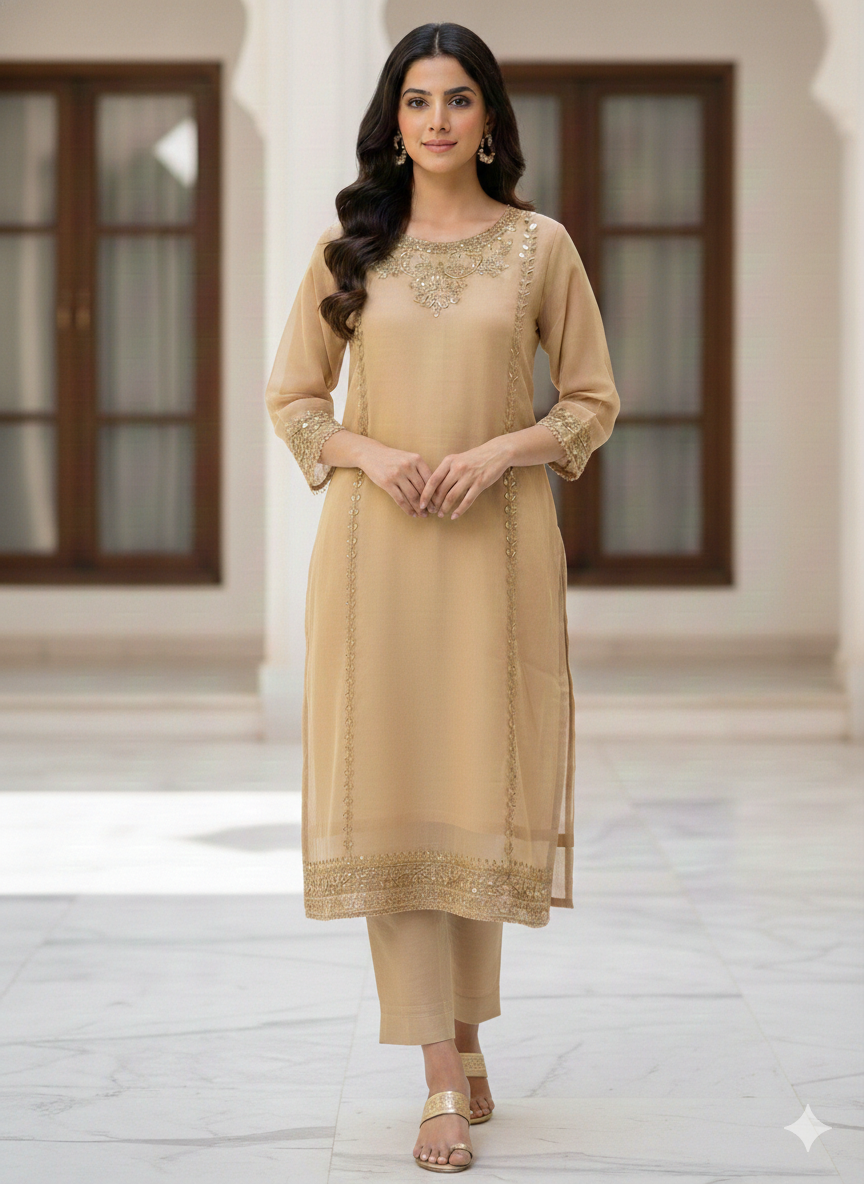 Lf013- 3pc Shafoon Handmade Long Shirt With Trouser And Dupatta