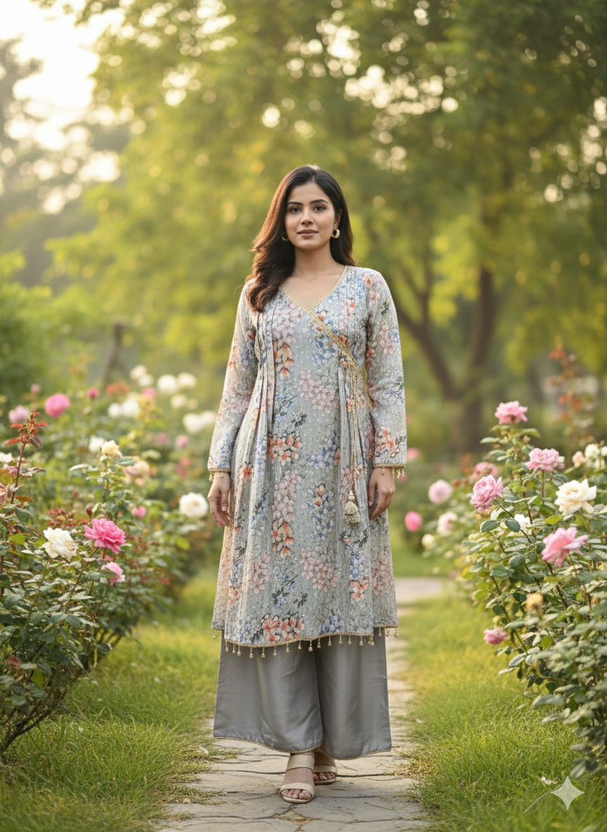 Lf014- 3pc Crystal Silk Andrakha Frock With Flapper And Dupatta