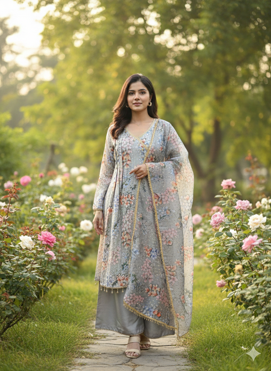 Lf014- 3pc Crystal Silk Andrakha Frock With Flapper And Dupatta