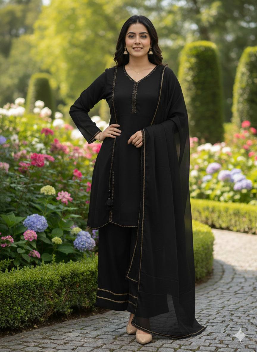 Lf015- 3pc Shafoon Short Frock With Flapper And Dupatta