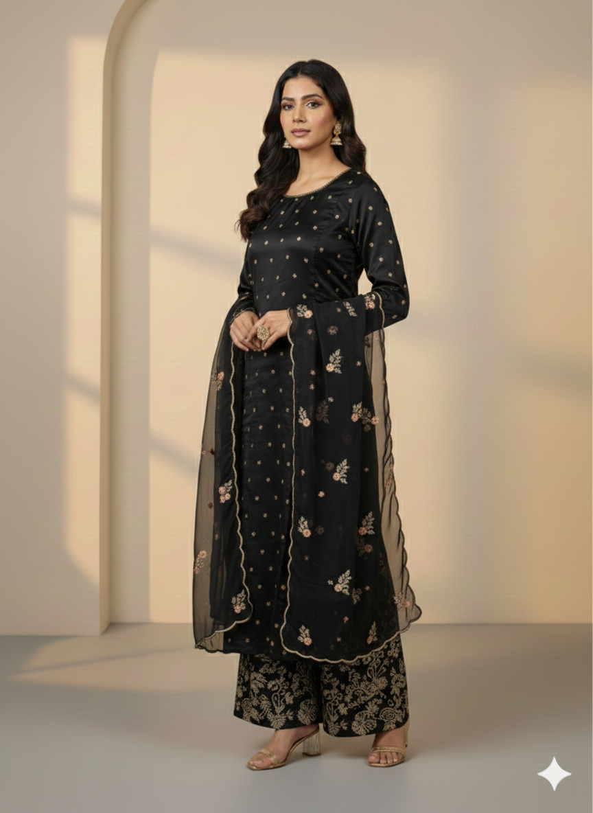 Lf016- 3pc Katan Silk Long Shirt With Straight Trouser And Organza Dupatta