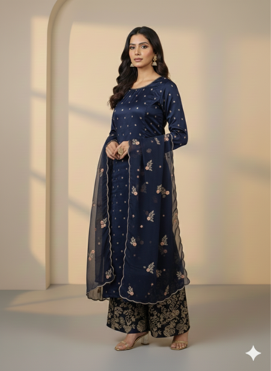 Lf016- 3pc Katan Silk Long Shirt With Straight Trouser And Organza Dupatta