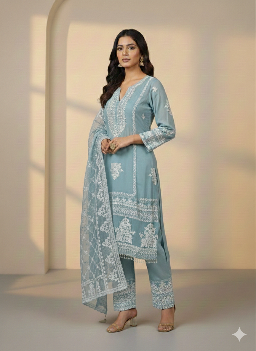 Lf019- 3pc Organza Embroidered Shirt With Dupatta And Trouser