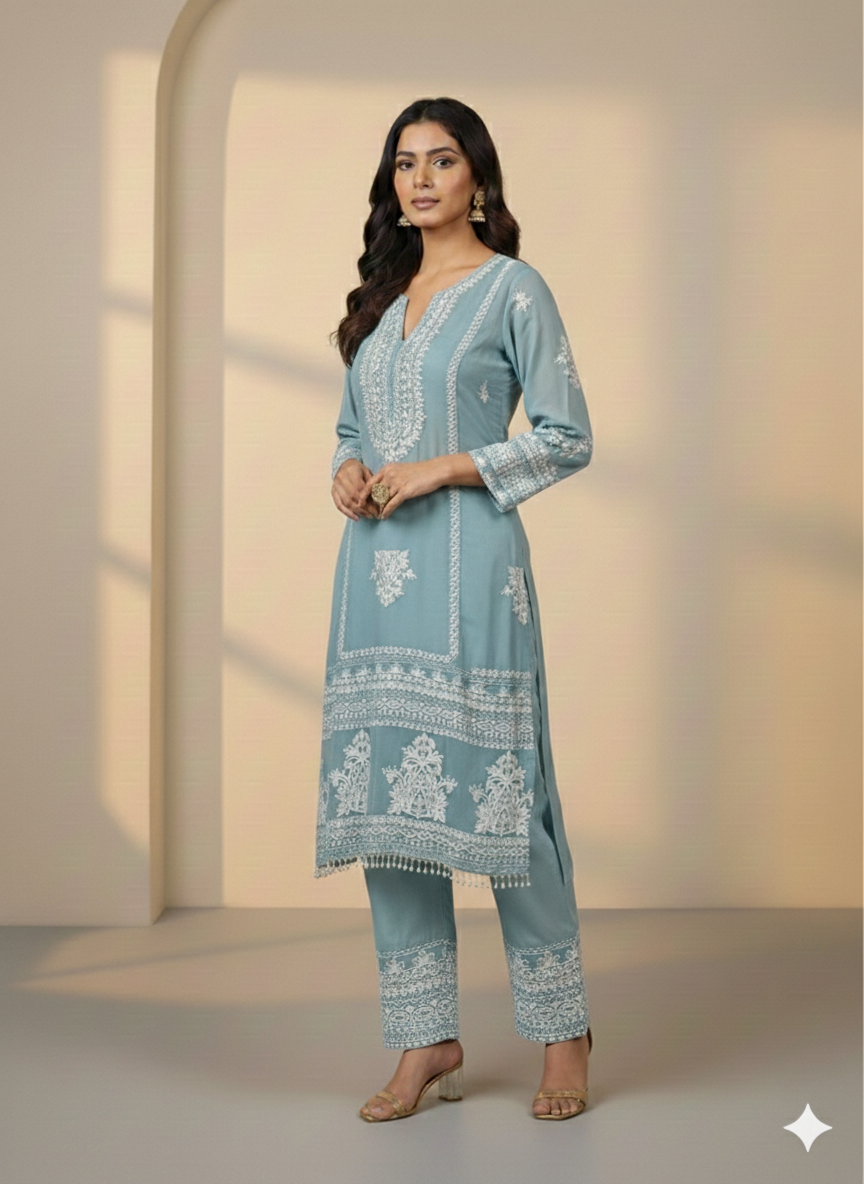 Lf019- 3pc Organza Embroidered Shirt With Dupatta And Trouser